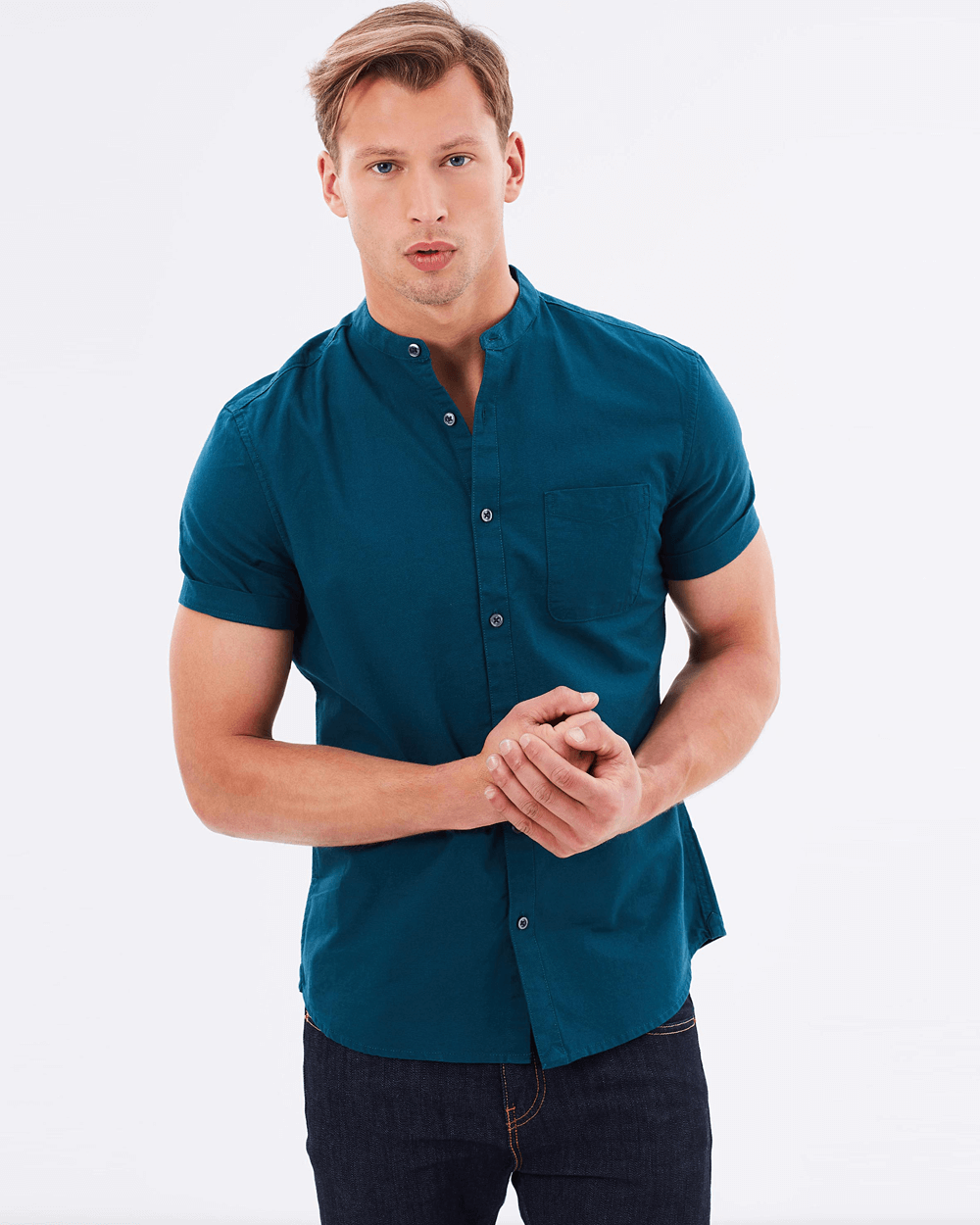 Burton Menswear SS Teal Oxford Grandad Collar Shirt 1