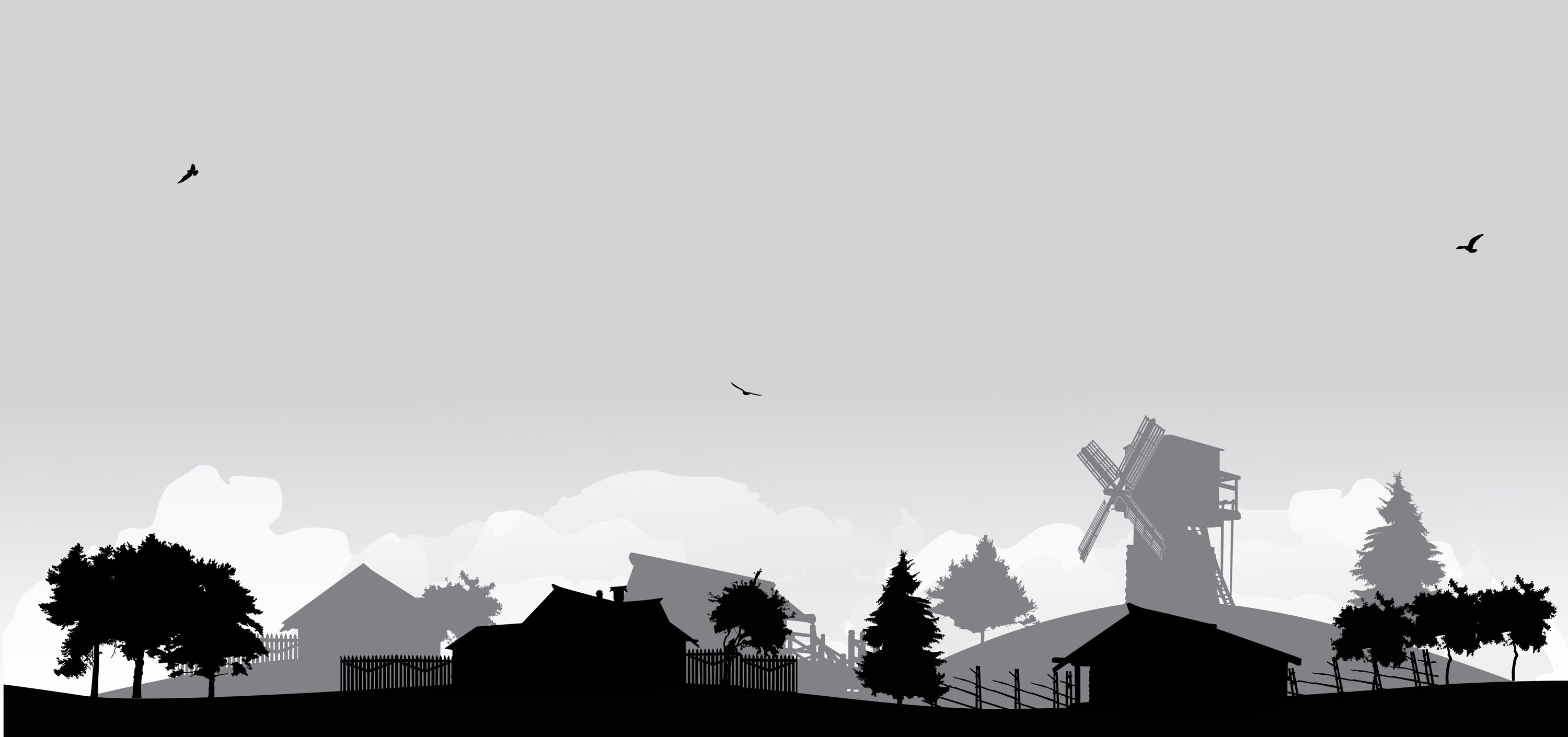 grey landscape with trees and village
