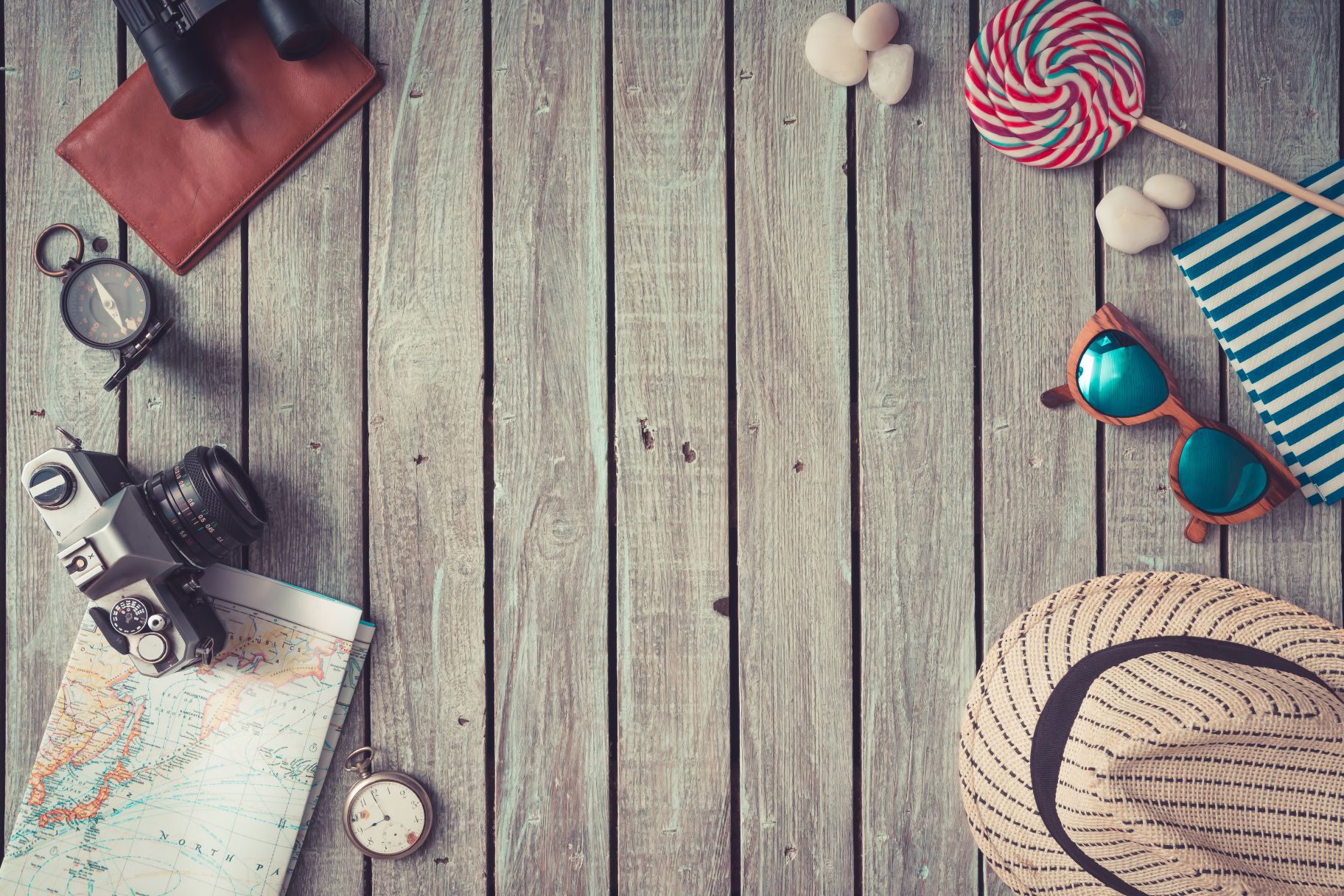 Summer things on wooden background. Summer concept.Flat lay.