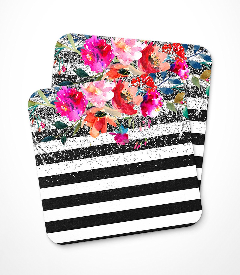 Floral Watercolor Coaster - Black White Stripe Coaster - Rose Silver Glitter_1
