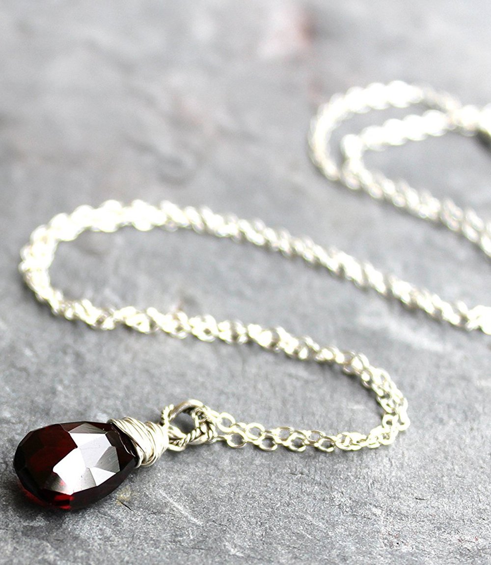 Petite Garnet Necklace Sterling Silver Pendant Faceted January Birthstone Dark Red, 18 Inch_1