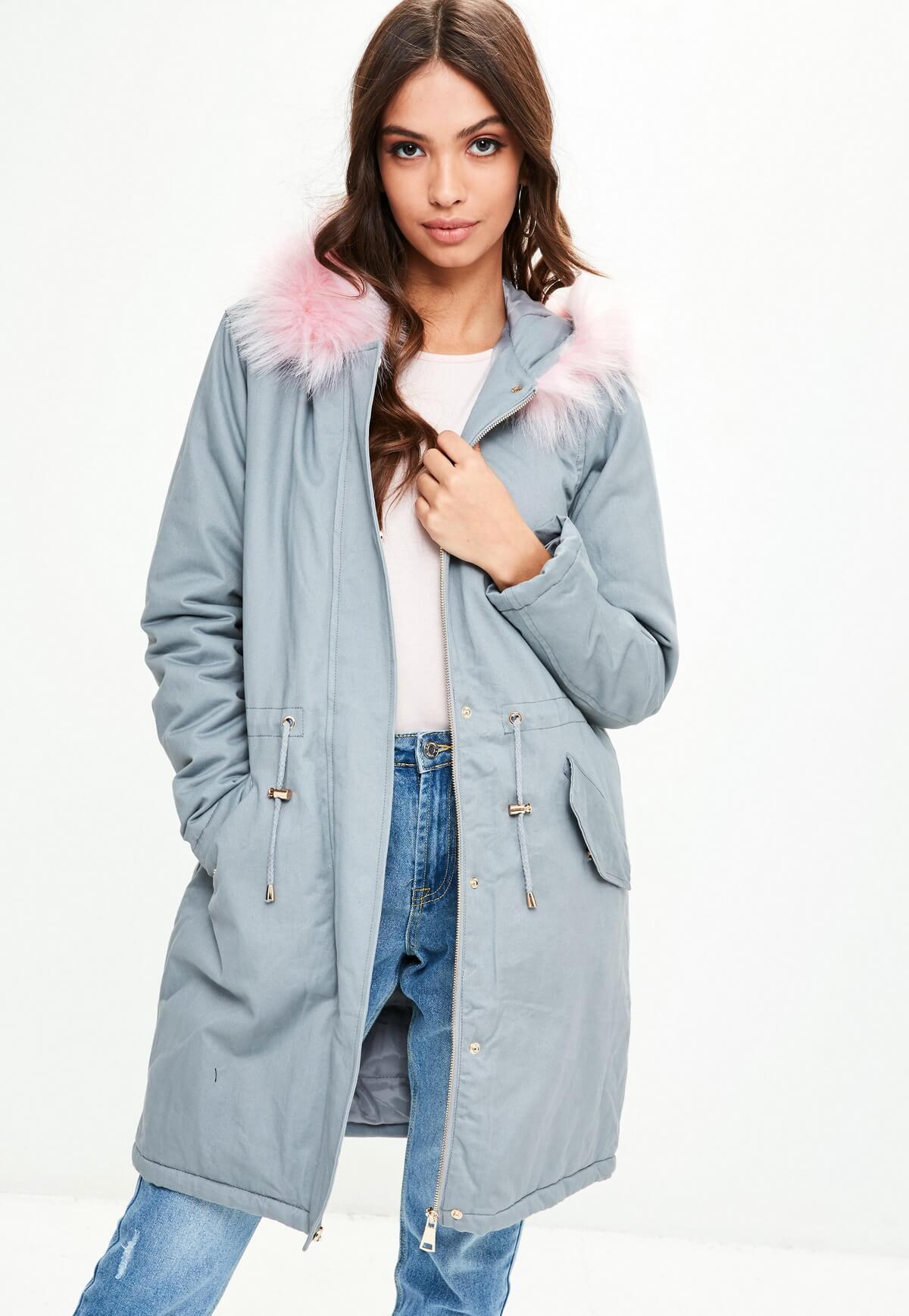 Grey contrasting faux fur trim parka (1)
