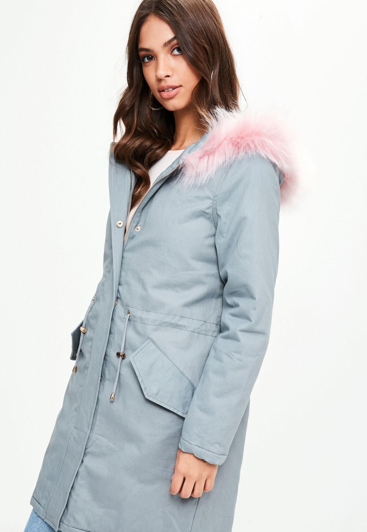 Grey contrasting faux fur trim parka (2)