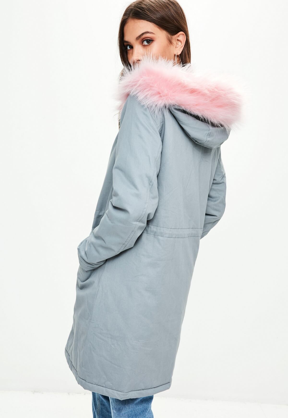 Grey contrasting faux fur trim parka (3)
