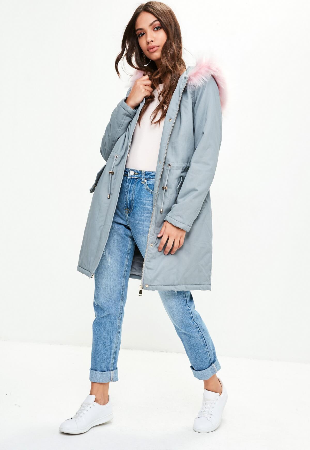 Grey contrasting faux fur trim parka