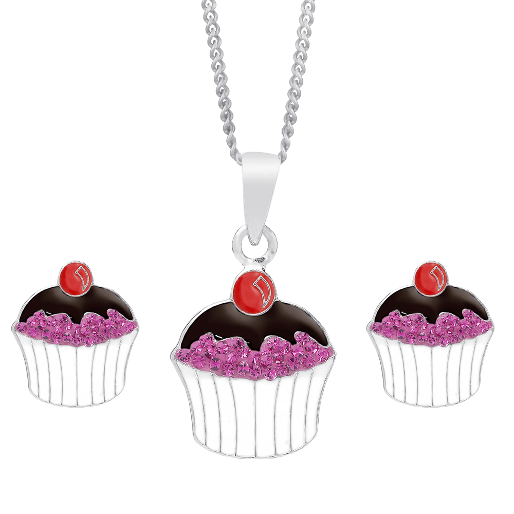 Molly and Emma Sterling Silver and Crystal Cupcake Necklace and Stud Earrings Set_01