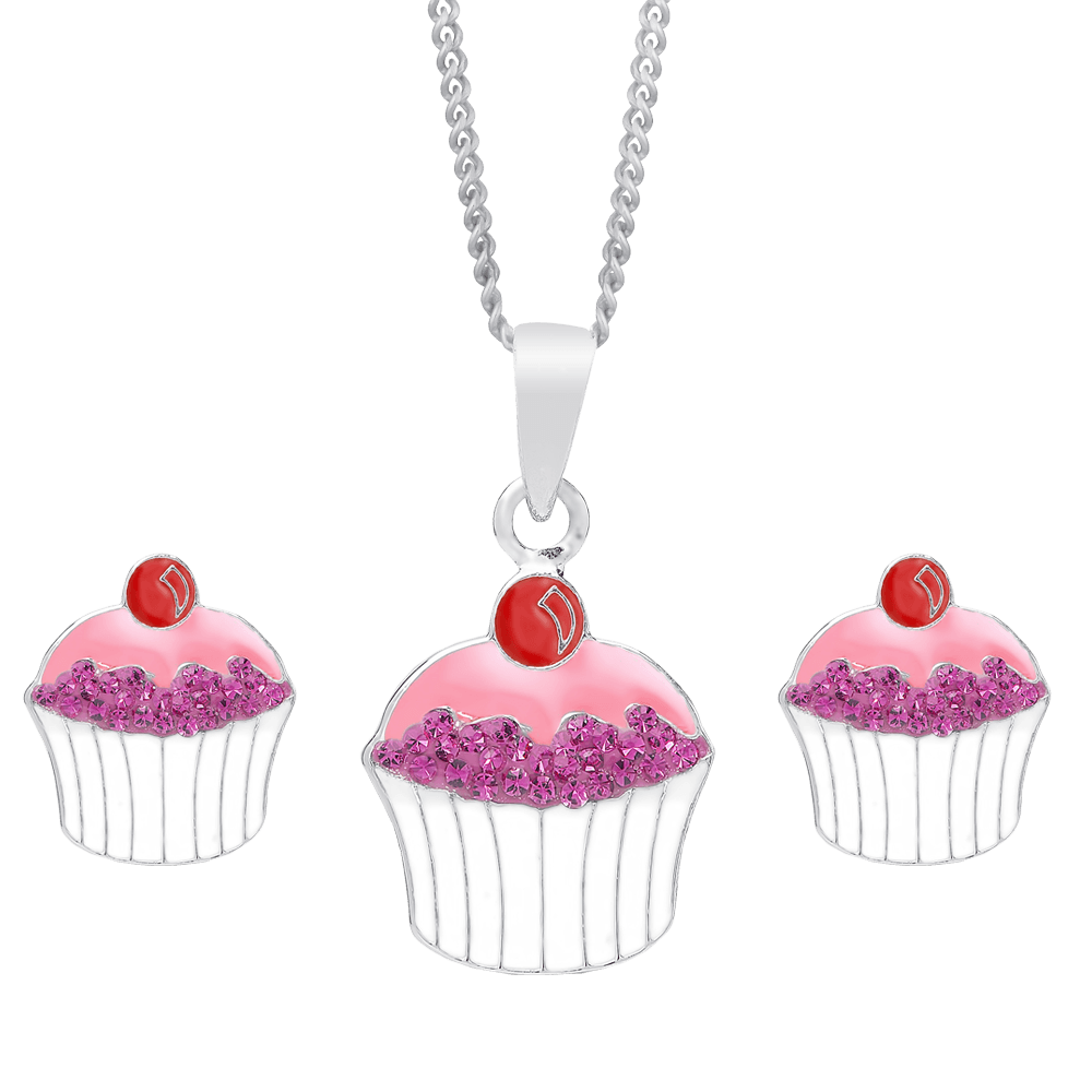 Molly and Emma Sterling Silver and Crystal Cupcake Necklace and Stud Earrings Set_02