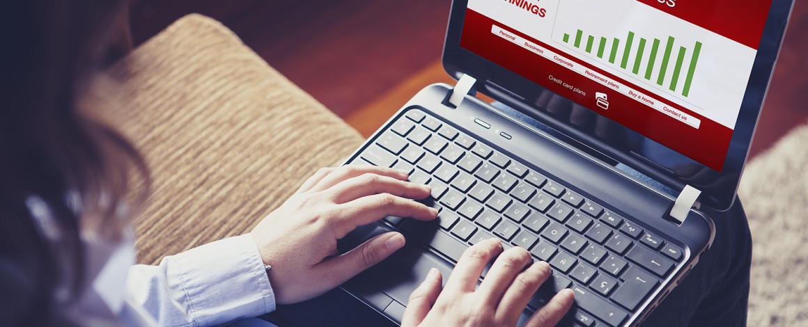 Woman checking earnings by Online Banking. Typing on the keyboar