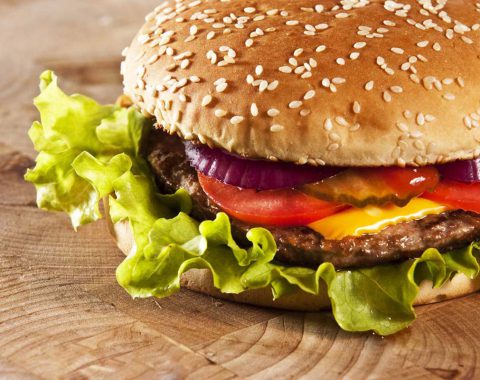 Cheeseburger with onions tomato and ketchup