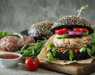 Preparing black burger and ingredients, copy space