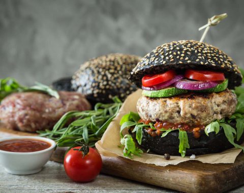 Preparing black burger and ingredients, copy space