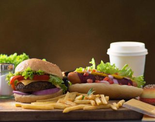 fast food hamburger, hot dog menu with burger, french fries, tomato drinks and many more