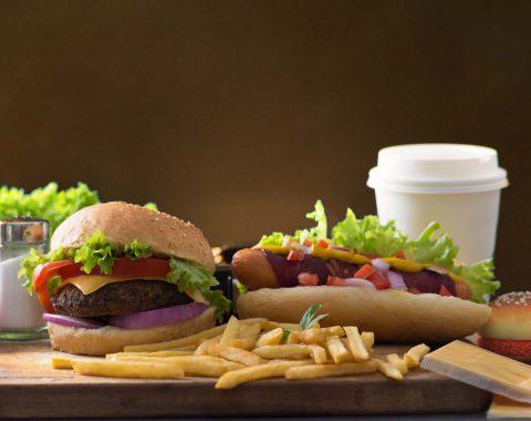fast food hamburger, hot dog menu with burger, french fries, tomato drinks and many more