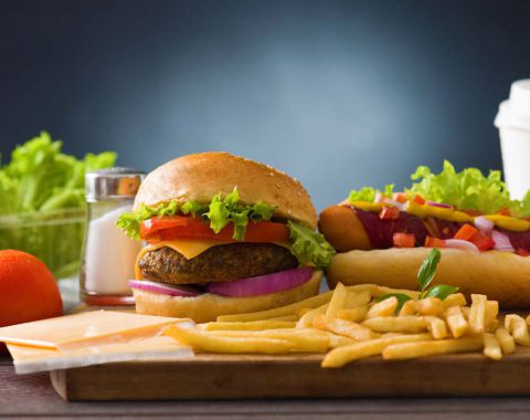 fast food hamburger,  hot dog menu with burger, french fries, tomato ,cola and many more
