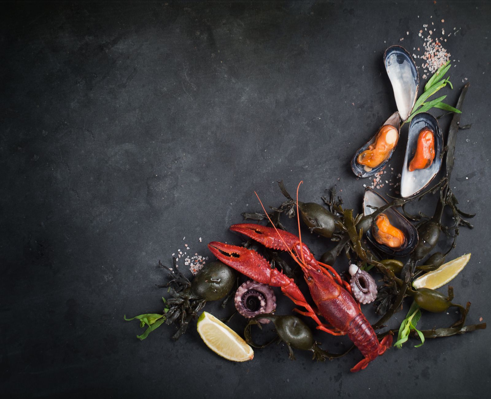 Food background with seafood, selective focus