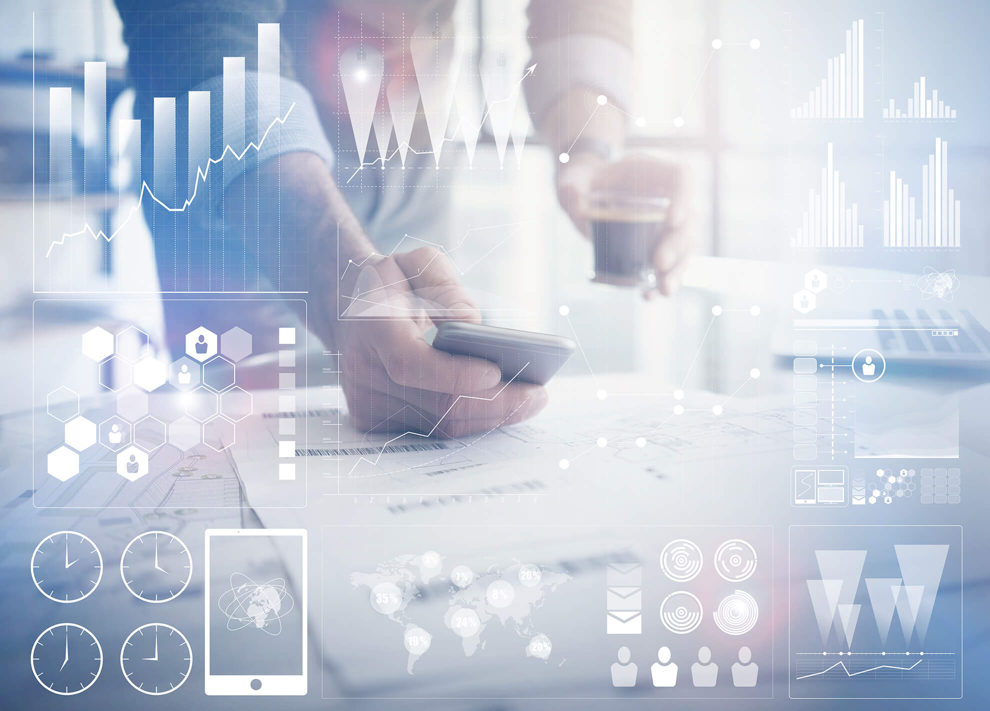 Business concept photo.Businessman working new startup project modern office.Holding contemporary smartphone hands. Worldwide connection technology,stock exchanges graphics interface.