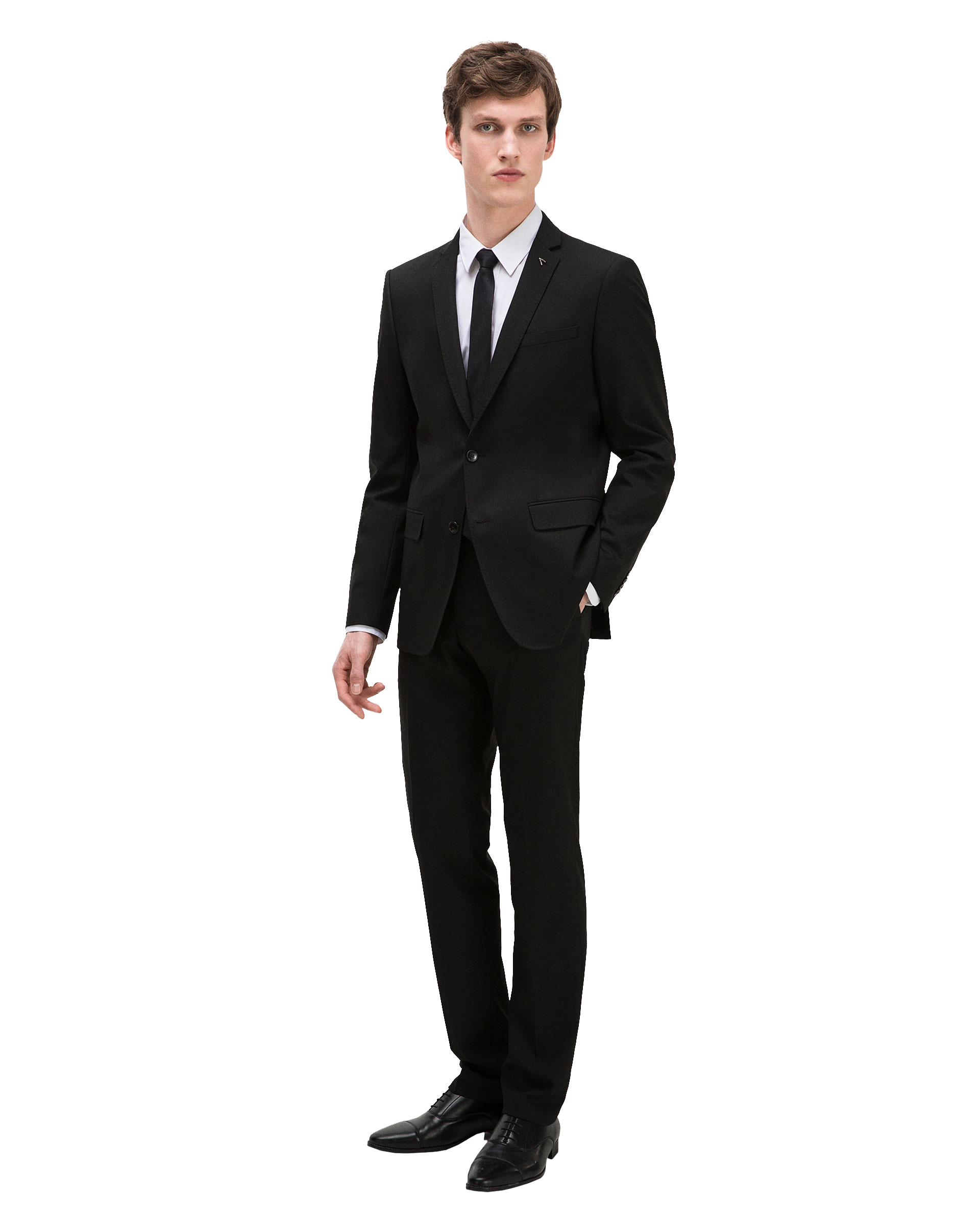 Basic suit. Chest pocket detail. Classic button fastening. Pin lapel detail. 1