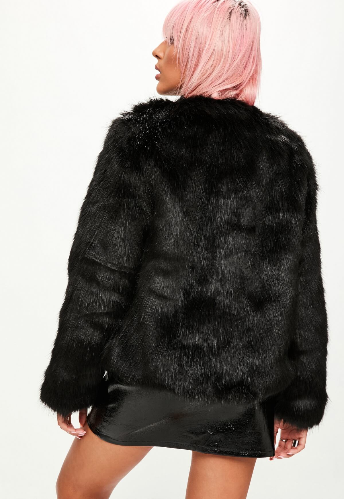 Black collarless faux fur jacket (3)